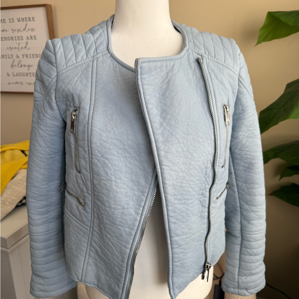 BABY BLUE MOTO LEATHER JACKET XS Zara